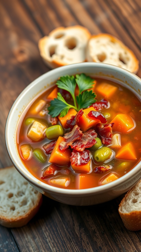 A bowl of bacon vegetable soup with carrots, green beans, and tomatoes, topped with crispy bacon and parsley, served with bread.